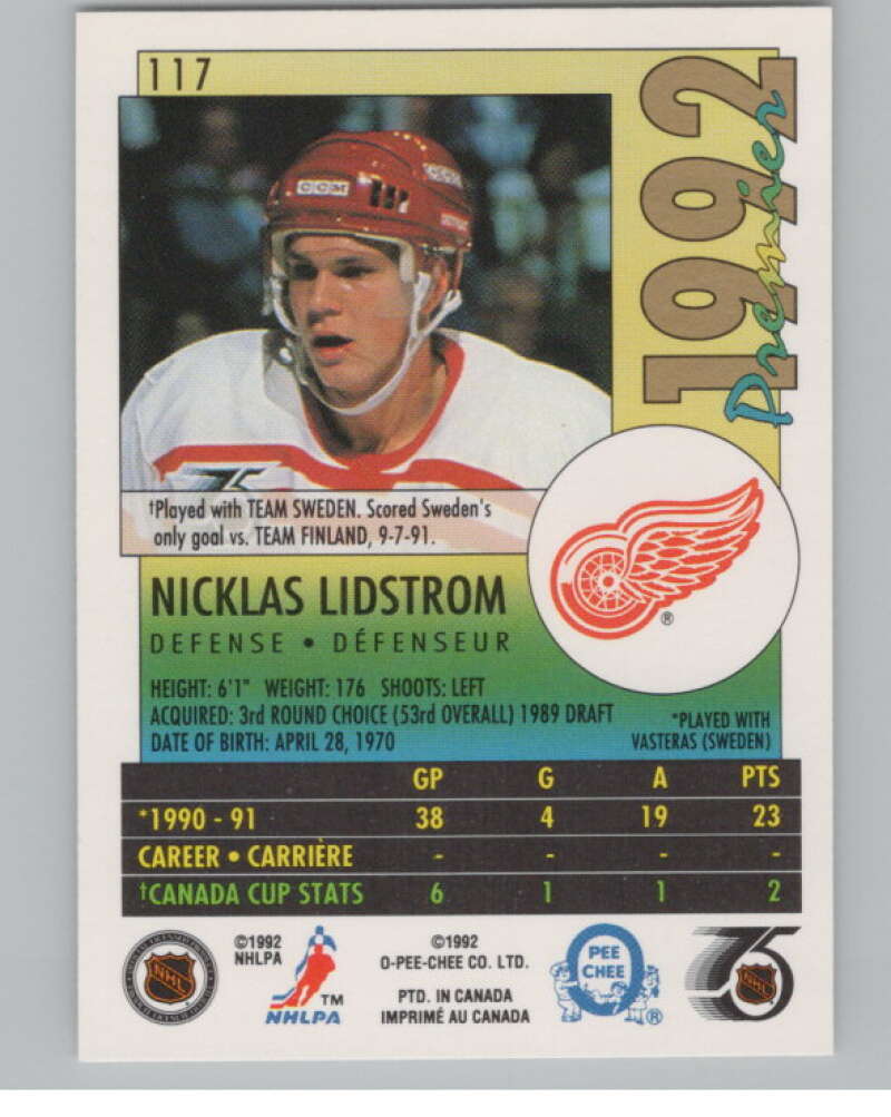 1991-92 OPC Premier #117 Nicklas Lidstrom  RC Rookie Detroit Red Wings  V102702 Image 2