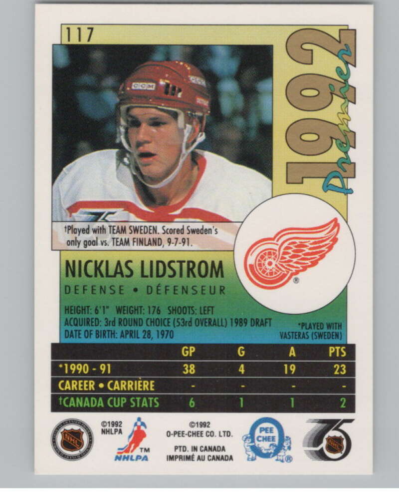 1991-92 OPC Premier #117 Nicklas Lidstrom  RC Rookie Detroit Red Wings  V102703 Image 2