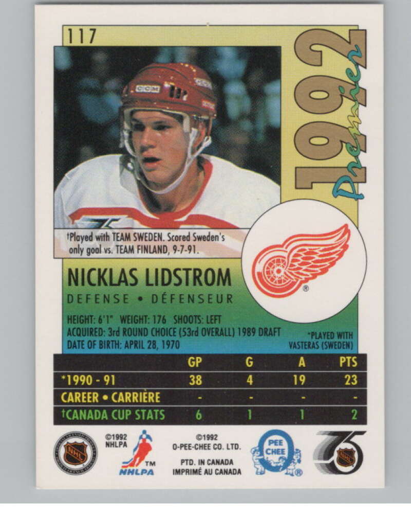 1991-92 OPC Premier #117 Nicklas Lidstrom  RC Rookie Detroit Red Wings  V102704 Image 2
