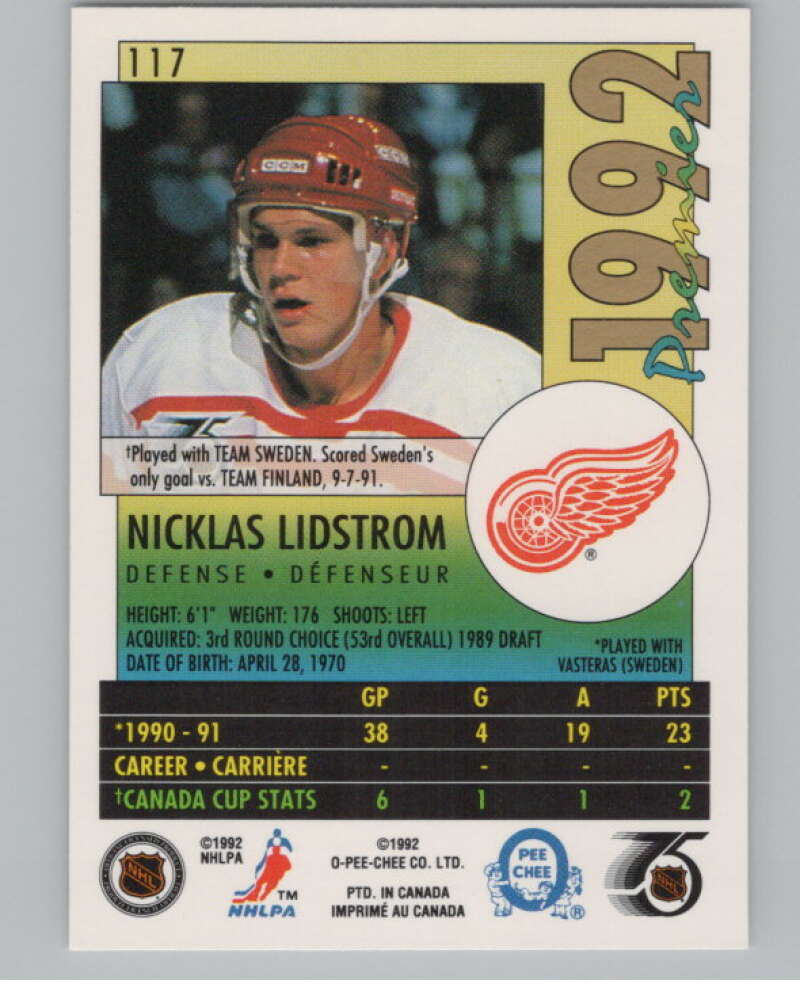1991-92 OPC Premier #117 Nicklas Lidstrom  RC Rookie Detroit Red Wings  V102705 Image 2