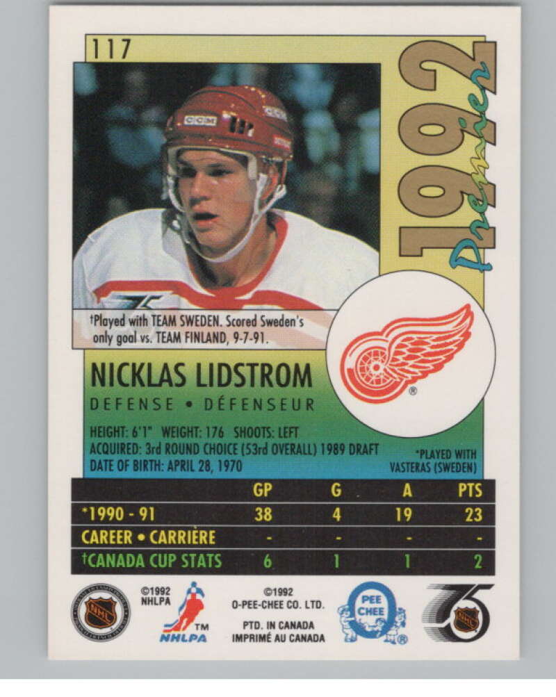 1991-92 OPC Premier #117 Nicklas Lidstrom  RC Rookie Detroit Red Wings  V102706 Image 2
