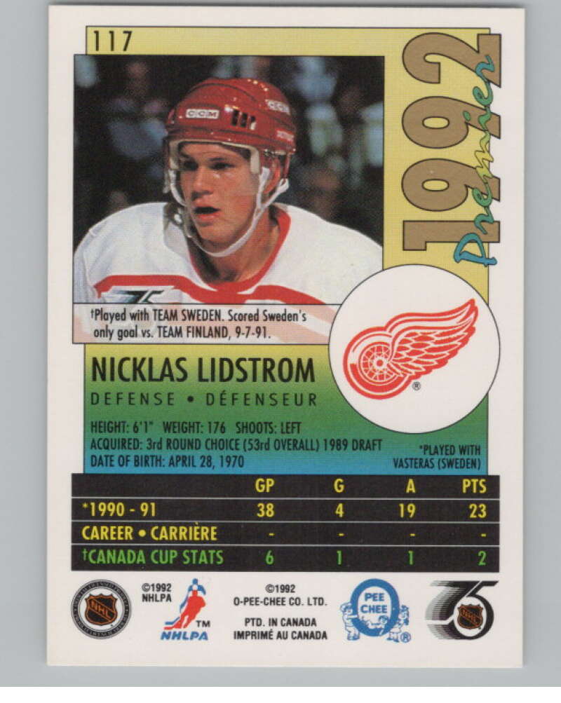 1991-92 OPC Premier #117 Nicklas Lidstrom  RC Rookie Detroit Red Wings  V102707 Image 2