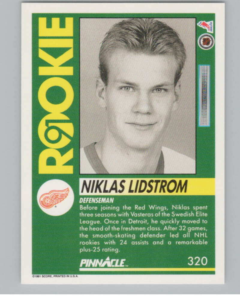1991-92 Pinnacle #320 Nicklas Lidstrom  RC Rookie Detroit Red Wings  V102709 Image 2