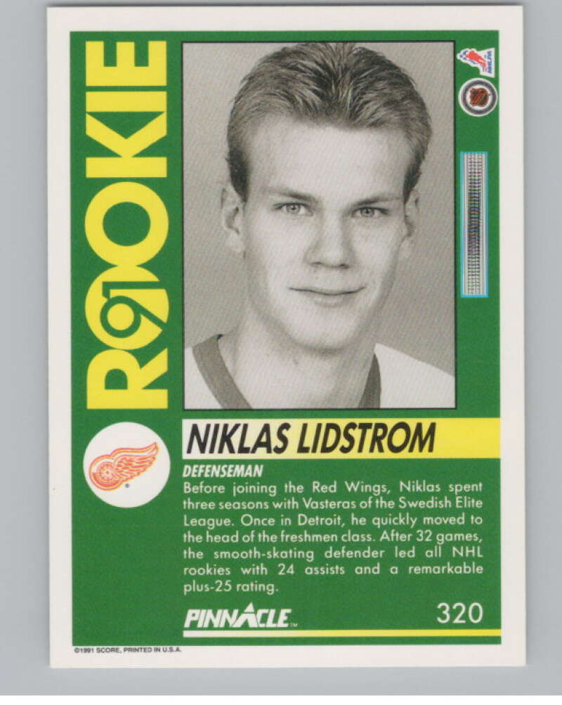 1991-92 Pinnacle #320 Nicklas Lidstrom  RC Rookie Detroit Red Wings  V102710 Image 2