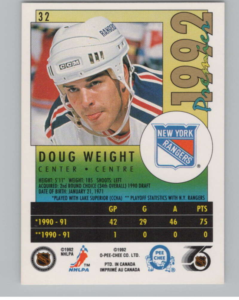 1991-92 OPC Premier #32 Doug Weight  RC Rookie New York Rangers  V102711 Image 2