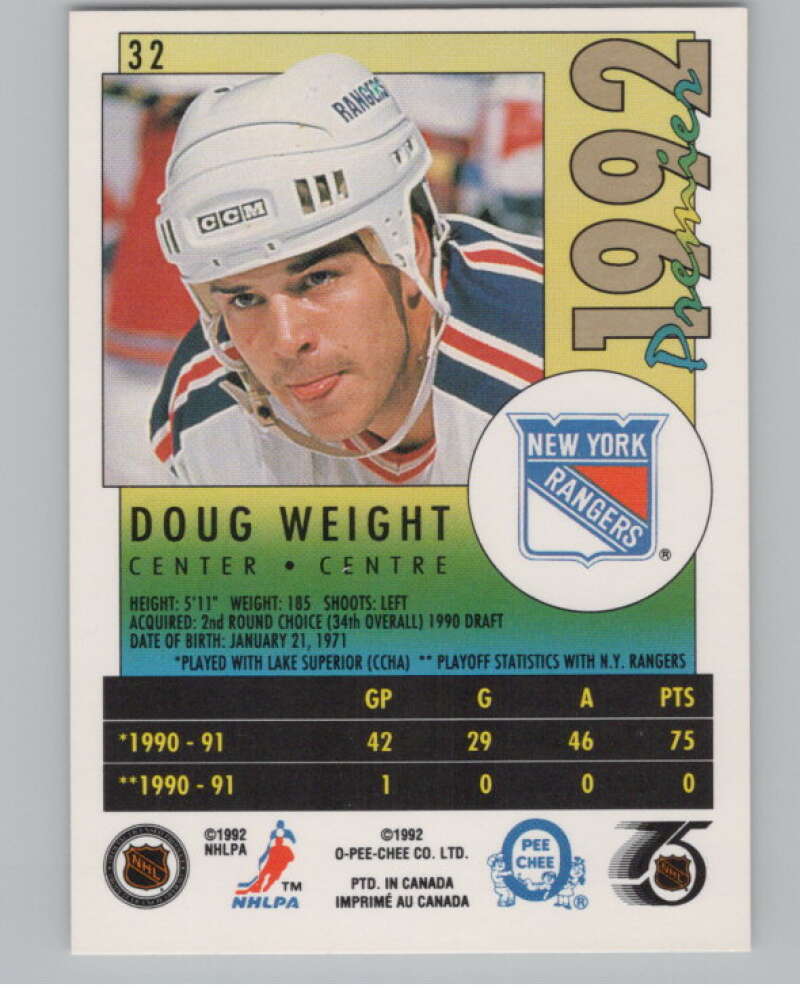 1991-92 OPC Premier #32 Doug Weight  RC Rookie New York Rangers  V102712 Image 2