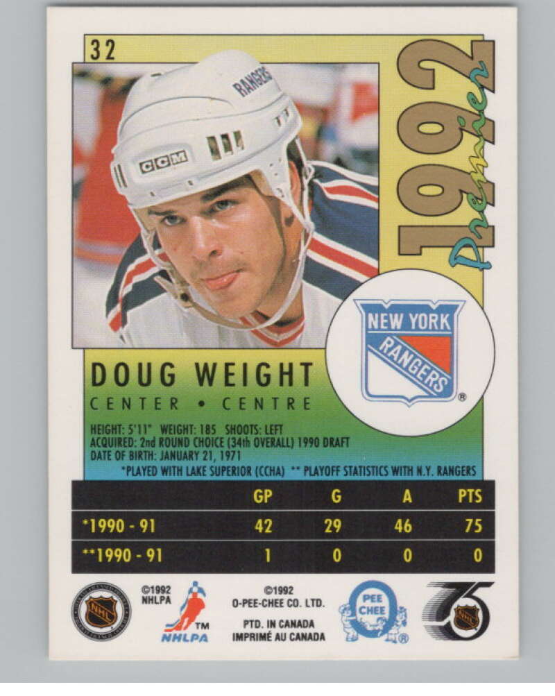 1991-92 OPC Premier #32 Doug Weight  RC Rookie New York Rangers  V102713 Image 2