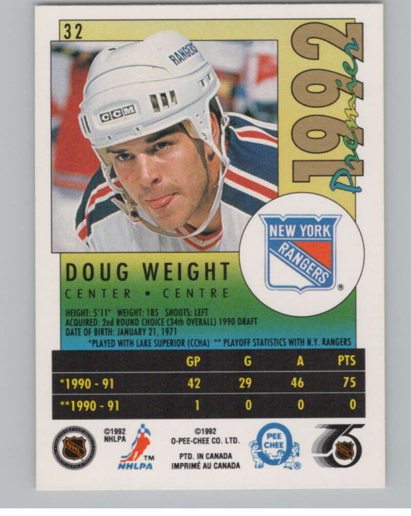 1991-92 OPC Premier #32 Doug Weight  RC Rookie New York Rangers  V102715 Image 2