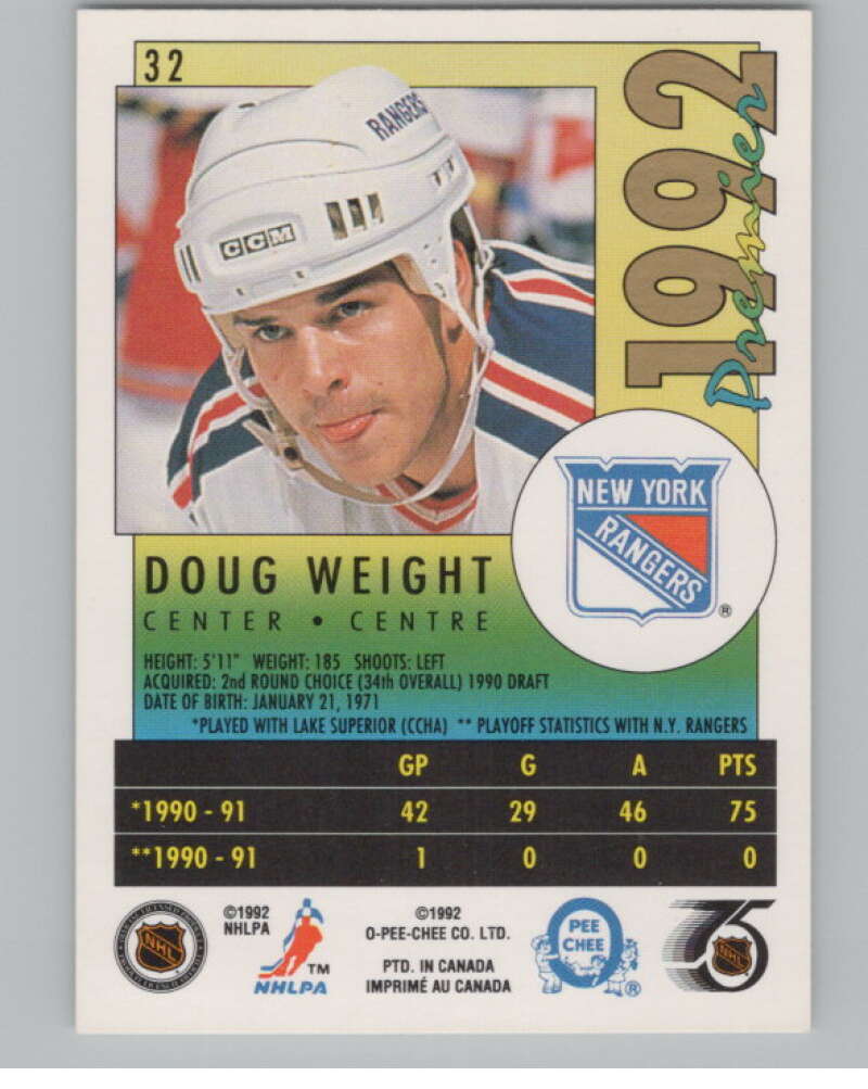 1991-92 OPC Premier #32 Doug Weight  RC Rookie New York Rangers  V102716 Image 2