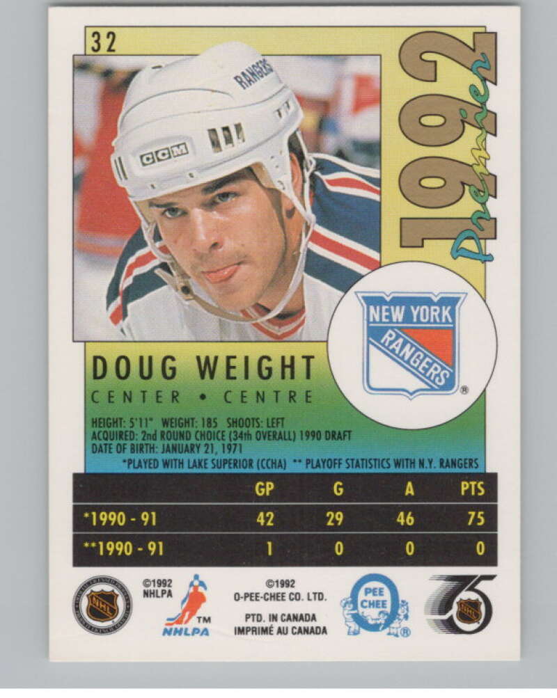 1991-92 OPC Premier #32 Doug Weight  RC Rookie New York Rangers  V102717 Image 2