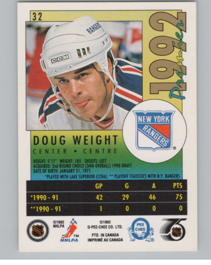 1991-92 OPC Premier #32 Doug Weight  RC Rookie New York Rangers  V102718 Image 2