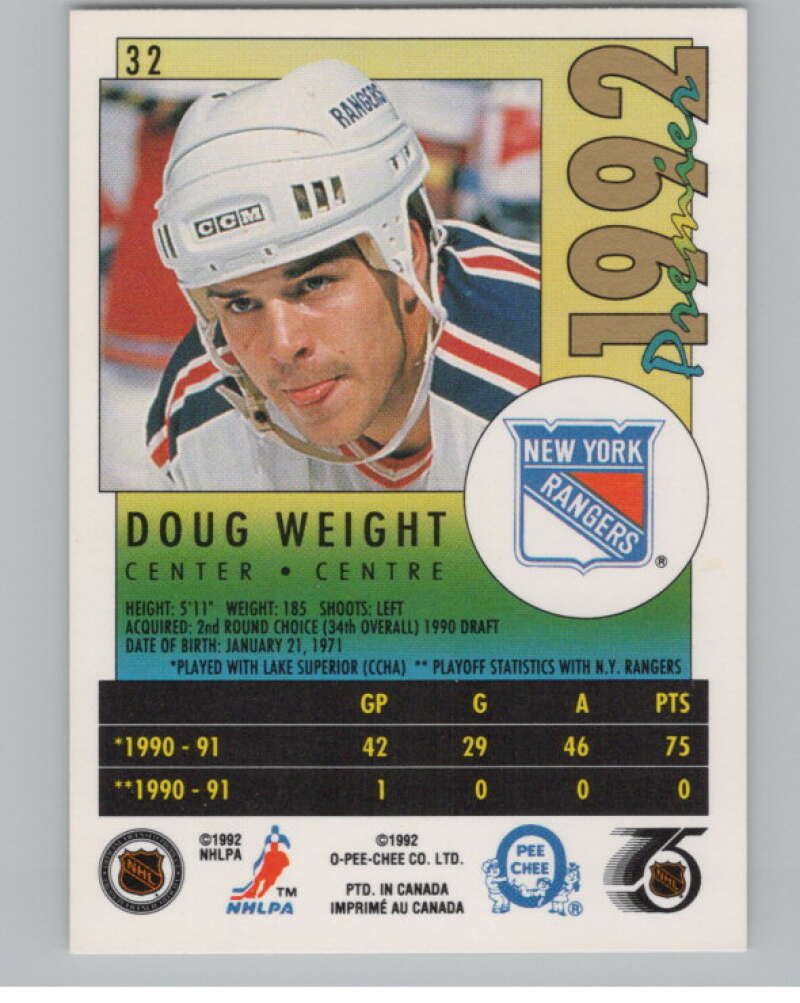 1991-92 OPC Premier #32 Doug Weight  RC Rookie New York Rangers  V102720 Image 2