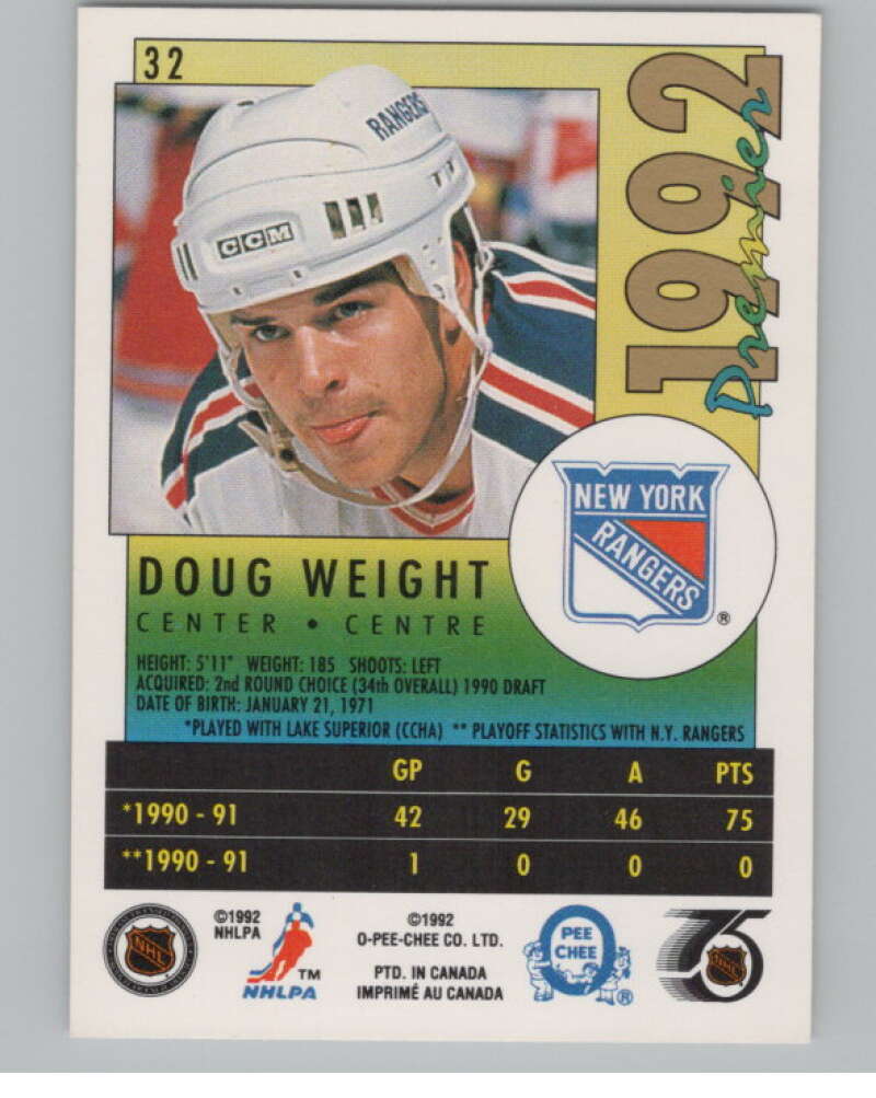 1991-92 OPC Premier #32 Doug Weight  RC Rookie New York Rangers  V102721 Image 2