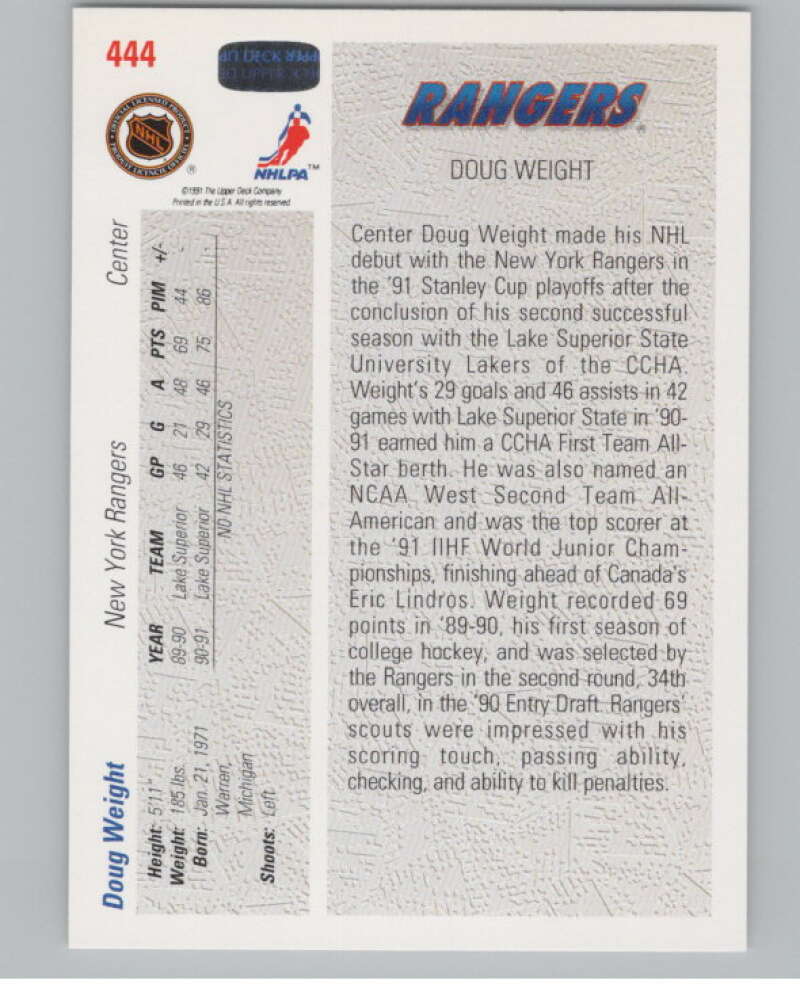 1991-92 Upper Deck #444 Doug Weight SR  RC Rookie New York Rangers  V102722 Image 2
