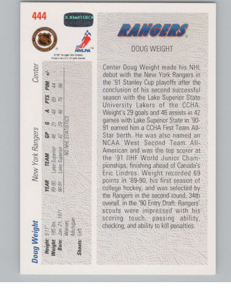 1991-92 Upper Deck #444 Doug Weight SR  RC Rookie New York Rangers  V102723 Image 2