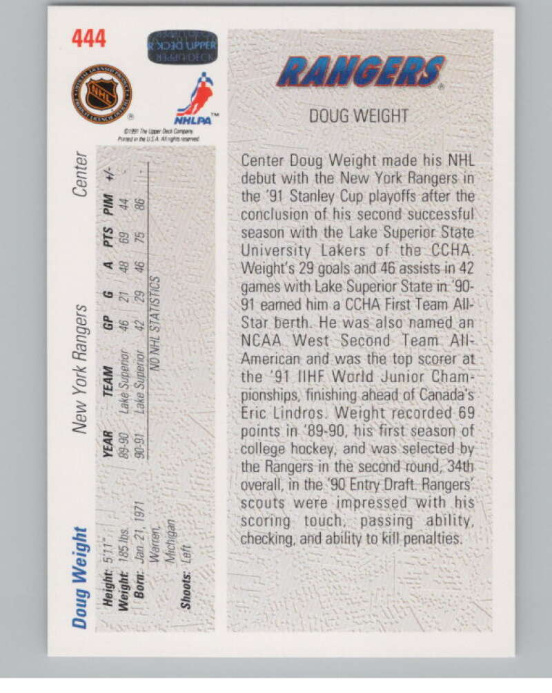 1991-92 Upper Deck #444 Doug Weight SR  RC Rookie New York Rangers  V102724 Image 2