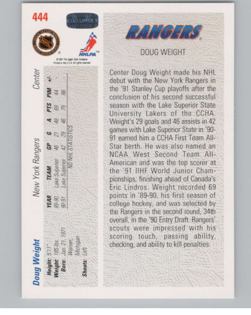 1991-92 Upper Deck #444 Doug Weight SR  RC Rookie New York Rangers  V102726 Image 2
