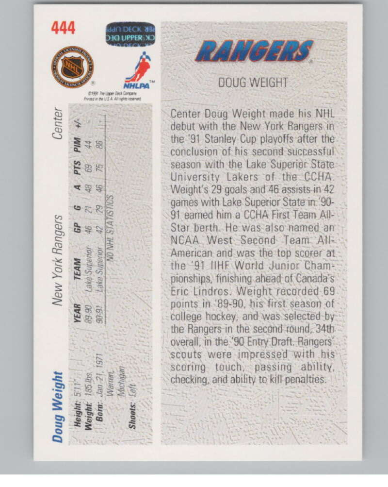 1991-92 Upper Deck #444 Doug Weight SR  RC Rookie New York Rangers  V102727 Image 2