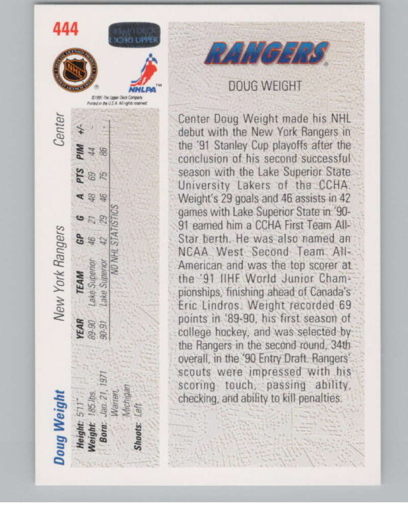 1991-92 Upper Deck #444 Doug Weight SR  RC Rookie New York Rangers  V102728 Image 2