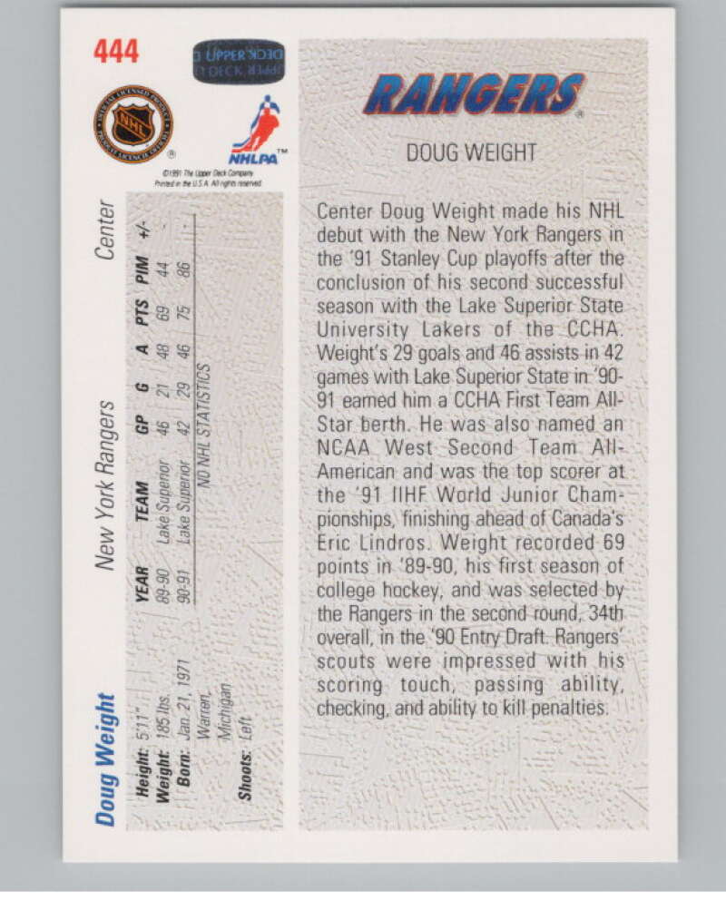 1991-92 Upper Deck #444 Doug Weight SR  RC Rookie New York Rangers  V102729 Image 2