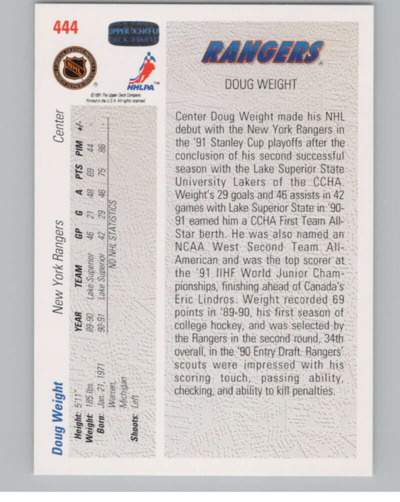 1991-92 Upper Deck #444 Doug Weight SR  RC Rookie New York Rangers  V102730 Image 2