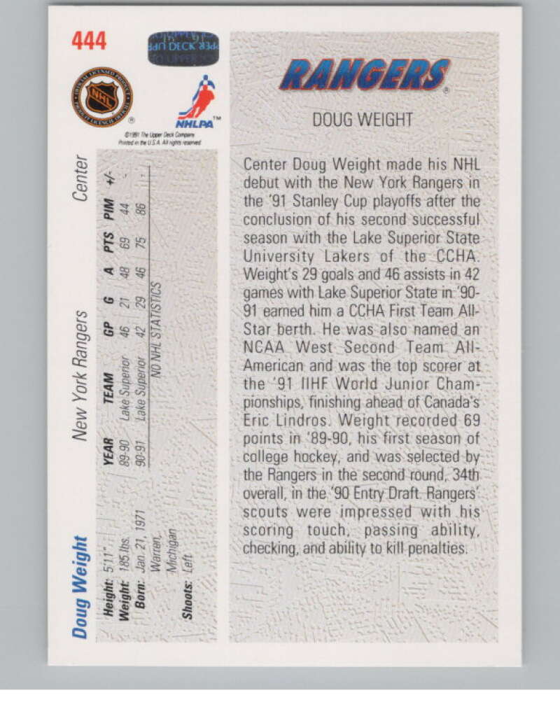 1991-92 Upper Deck #444 Doug Weight SR  RC Rookie New York Rangers  V102732 Image 2