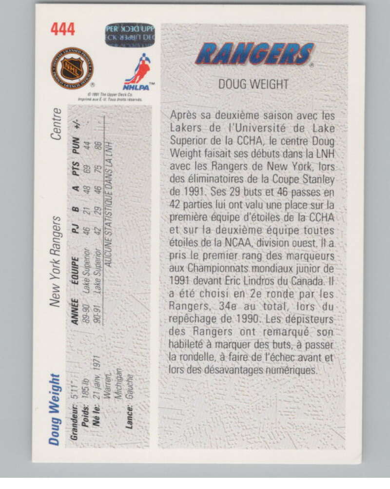 1991-92 Upper Deck #444 Doug Weight SR  RC Rookie New York Rangers  V102733 Image 2