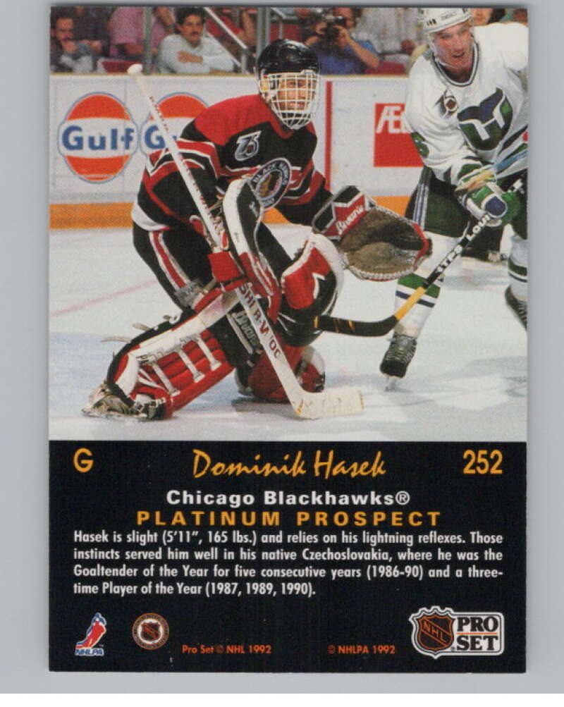 1991-92 Pro Set Platinum #252 Dominik Hasek RC Rookie Blackhawks  V102735 Image 2