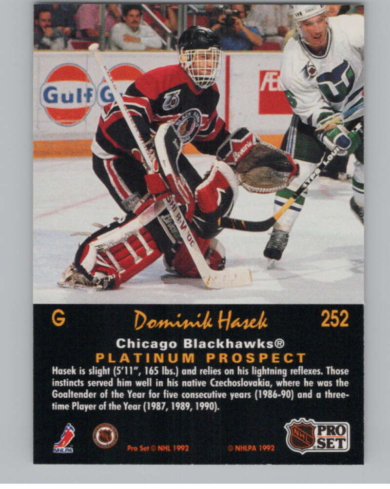 1991-92 Pro Set Platinum #252 Dominik Hasek RC Rookie Blackhawks  V102742 Image 2