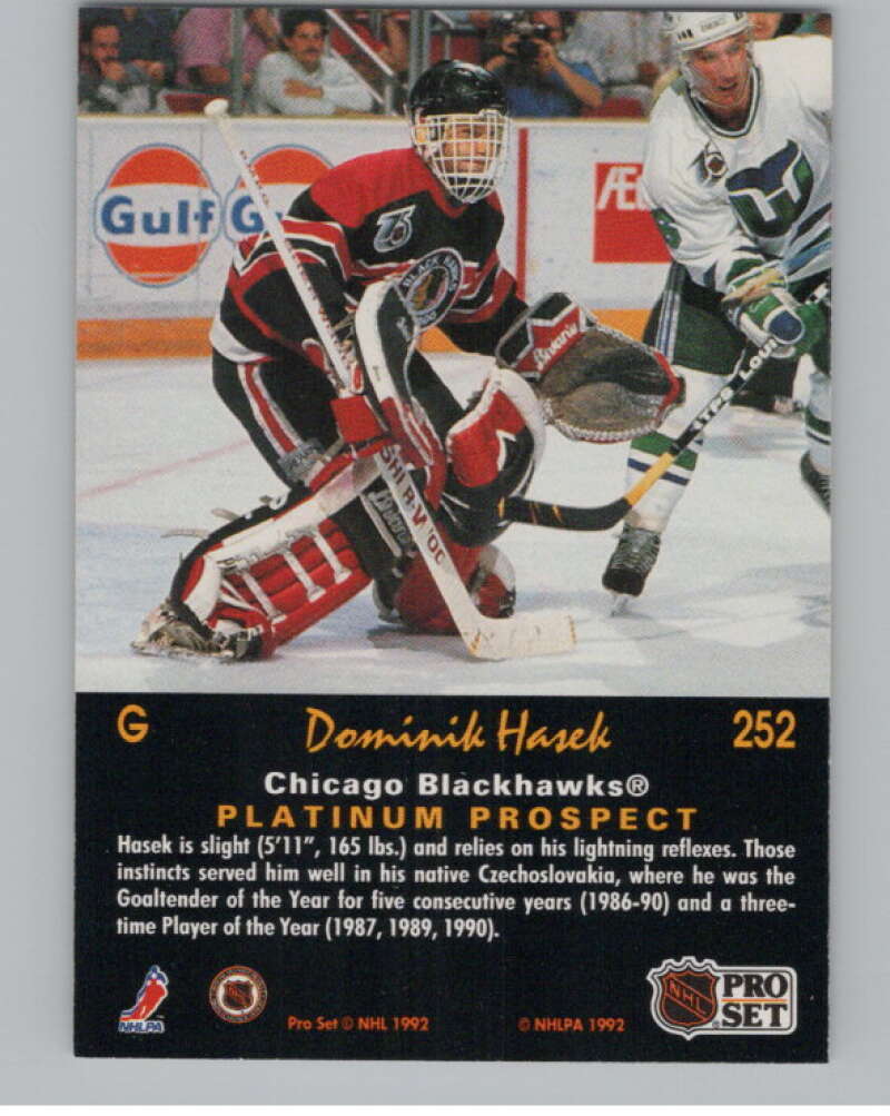 1991-92 Pro Set Platinum #252 Dominik Hasek RC Rookie Blackhawks  V102744 Image 2