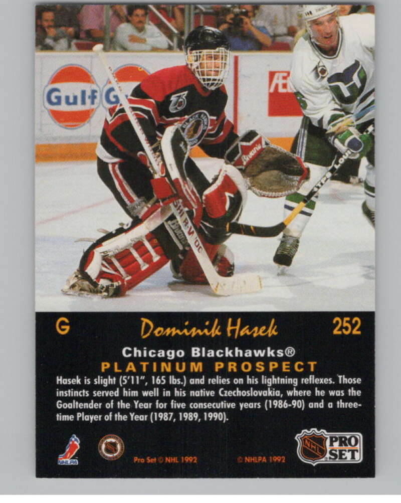 1991-92 Pro Set Platinum #252 Dominik Hasek RC Rookie Blackhawks  V102746 Image 2
