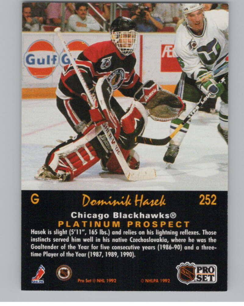 1991-92 Pro Set Platinum #252 Dominik Hasek RC Rookie Blackhawks  V102747 Image 2