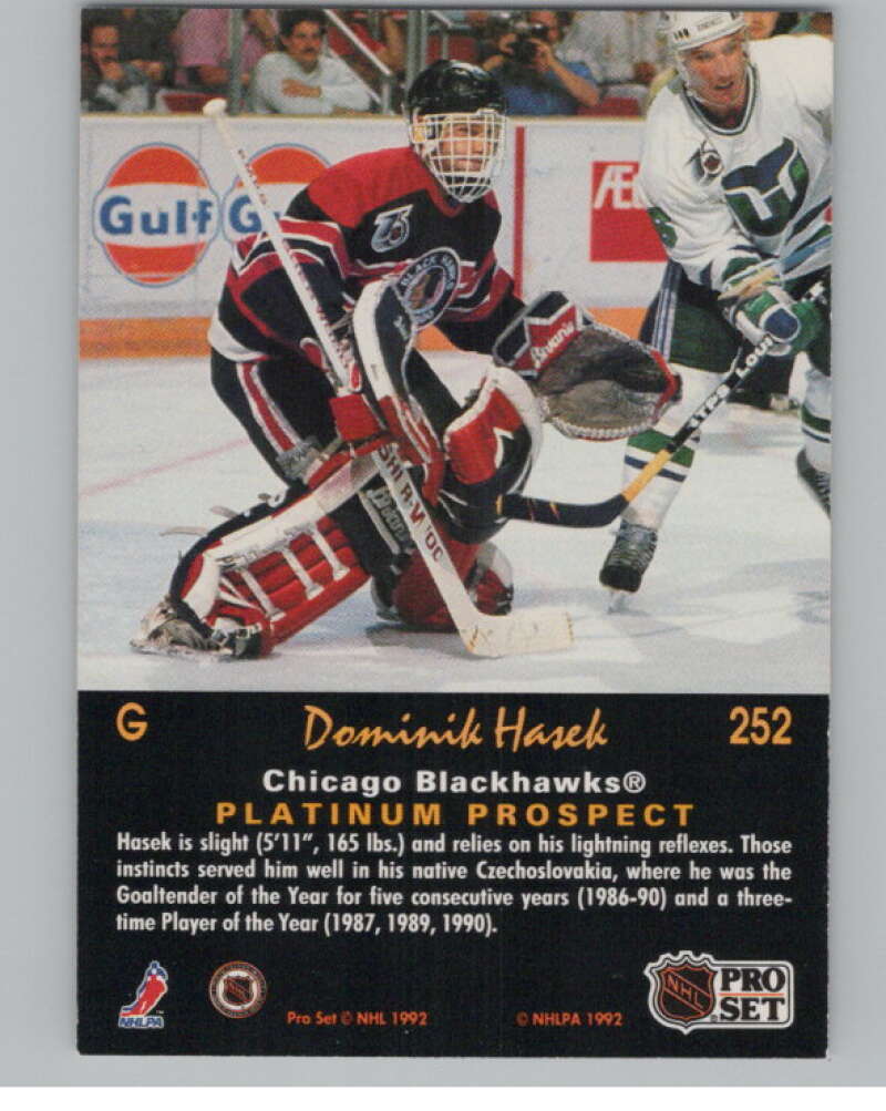 1991-92 Pro Set Platinum #252 Dominik Hasek RC Rookie Blackhawks  V102748 Image 2