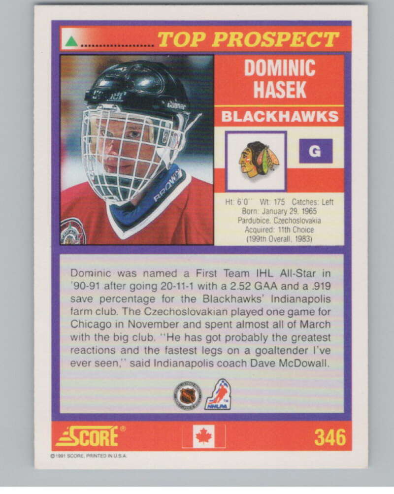 1991-92 Score Canadian English #346 Dominik Hasek RC Rookie  V102754 Image 2