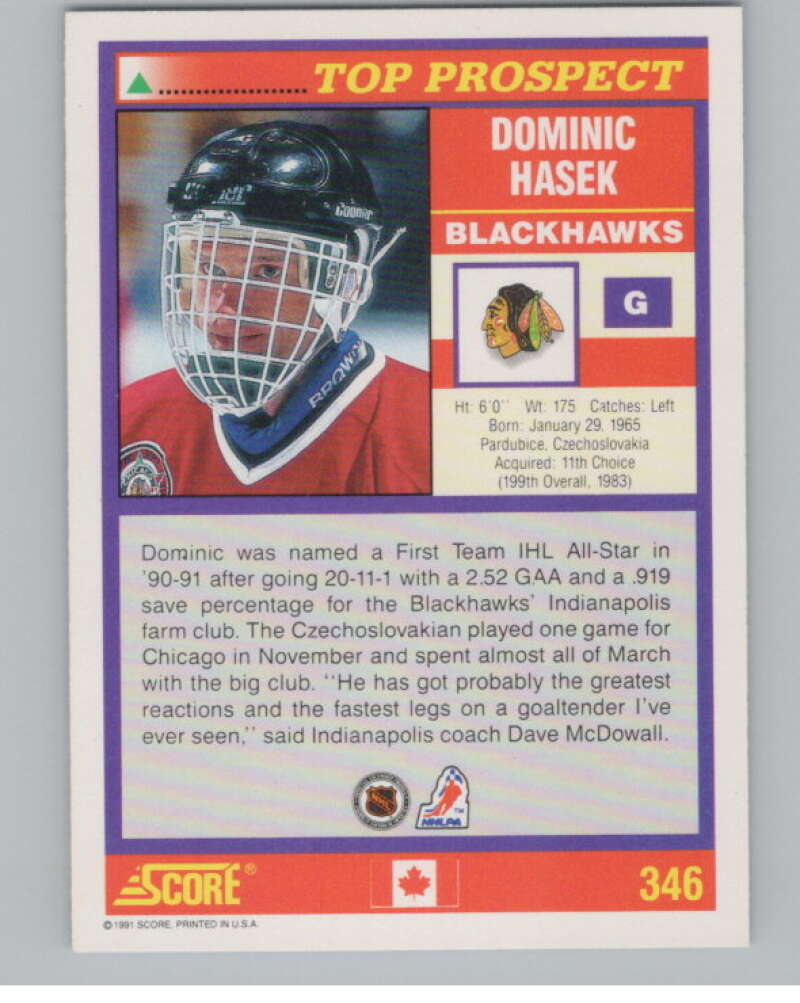 1991-92 Score Canadian English #346 Dominik Hasek RC Rookie  V102755 Image 2