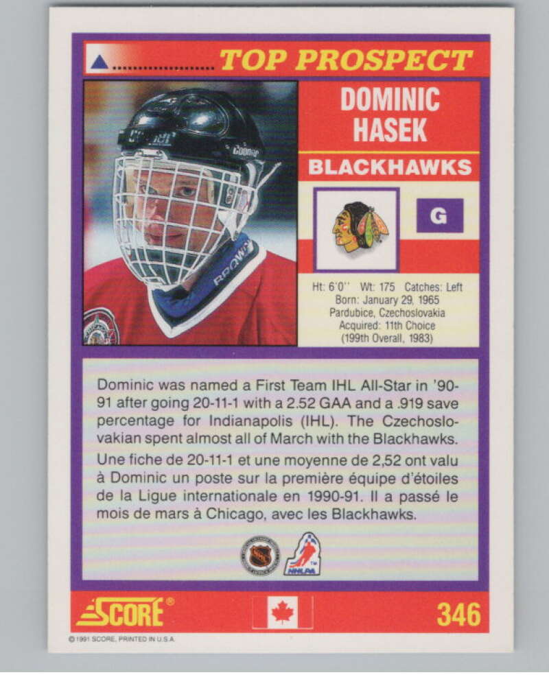 1991-92 Score Canadian English #346 Dominik Hasek RC Rookie  V102759 Image 2