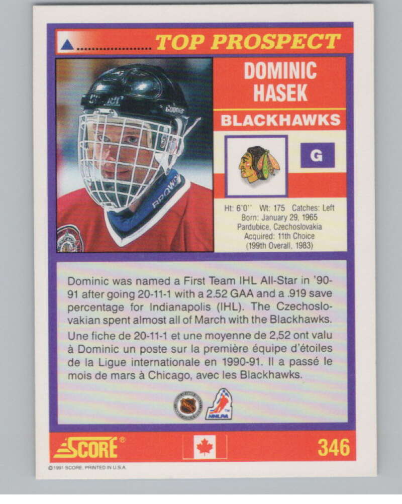 1991-92 Score Canadian English #346 Dominik Hasek RC Rookie  V102763 Image 2