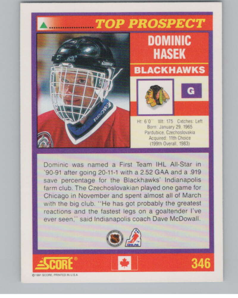 1991-92 Score Canadian English #346 Dominik Hasek RC Rookie  V102764 Image 2