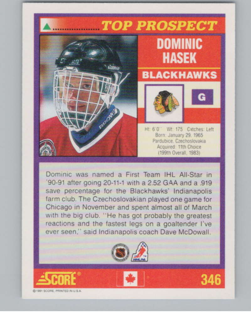 1991-92 Score Canadian English #346 Dominik Hasek RC Rookie  V102765 Image 2