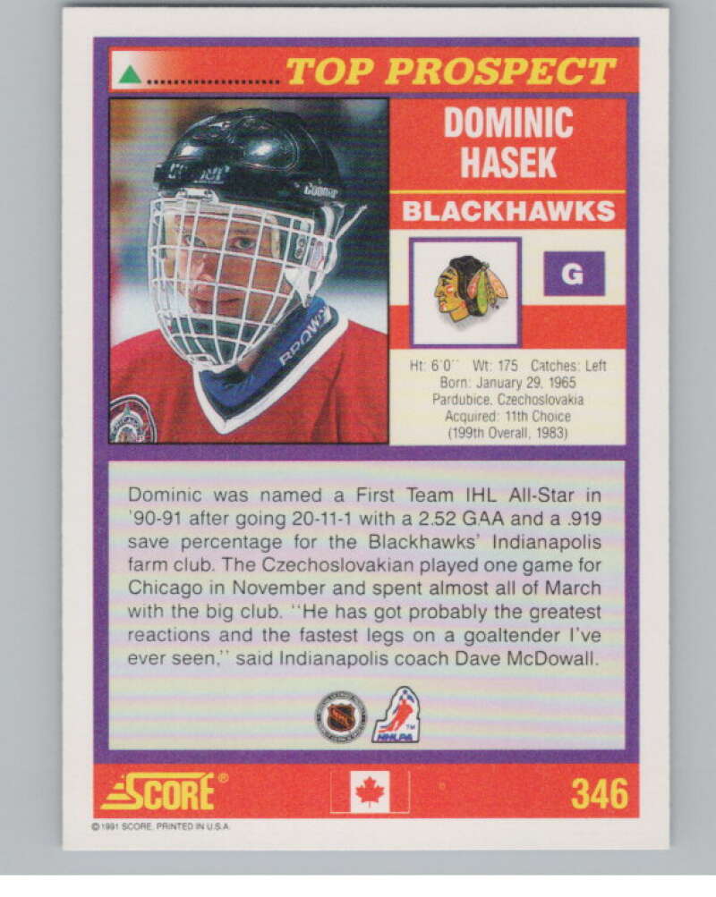 1991-92 Score Canadian English #346 Dominik Hasek RC Rookie  V102766 Image 2