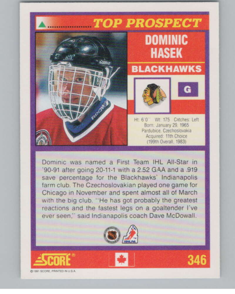 1991-92 Score Canadian English #346 Dominik Hasek RC Rookie  V102767 Image 2