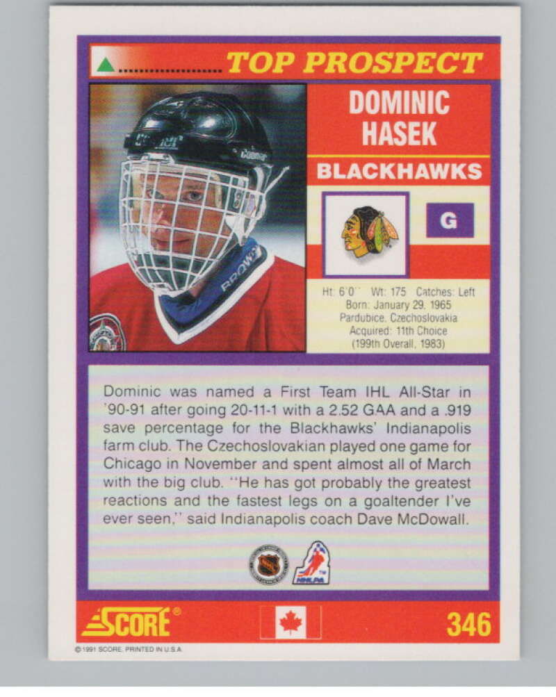 1991-92 Score Canadian English #346 Dominik Hasek RC Rookie  V102768 Image 2