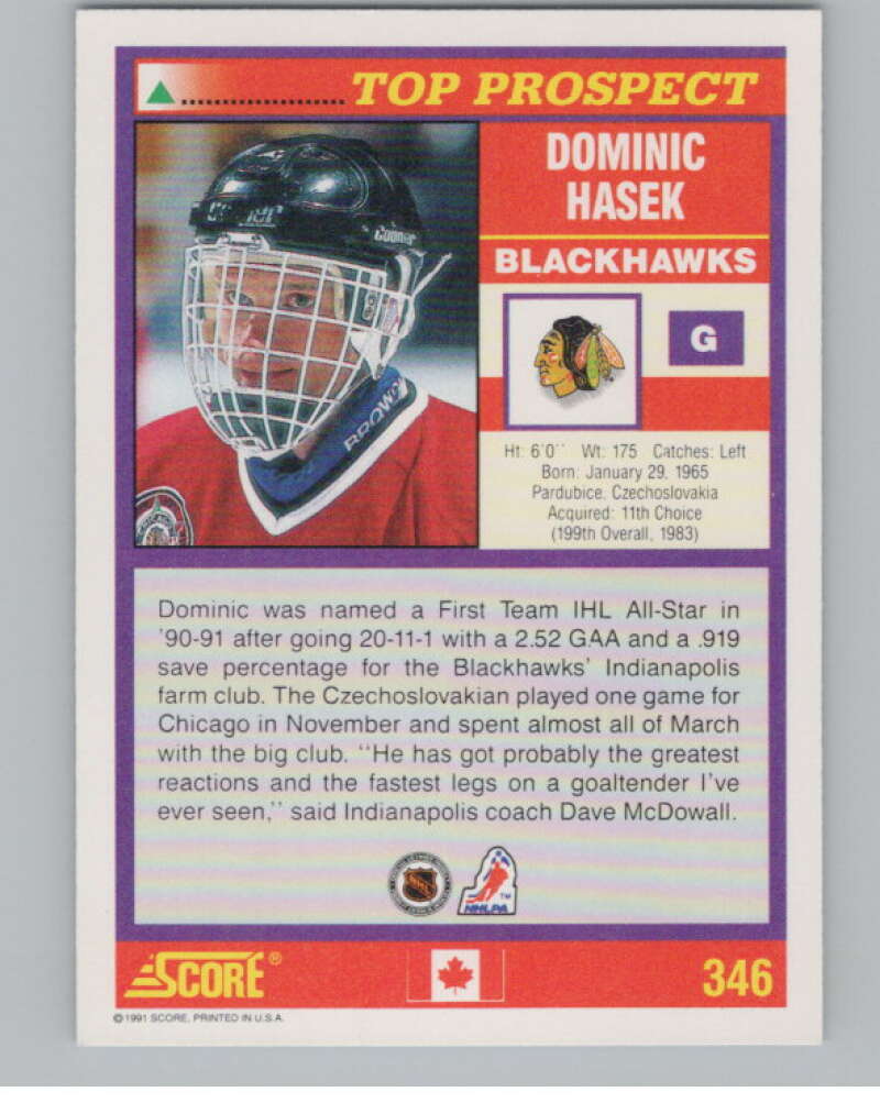 1991-92 Score Canadian English #346 Dominik Hasek RC Rookie  V102769 Image 2