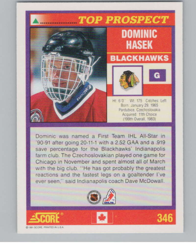 1991-92 Score Canadian English #346 Dominik Hasek RC Rookie  V102770 Image 2