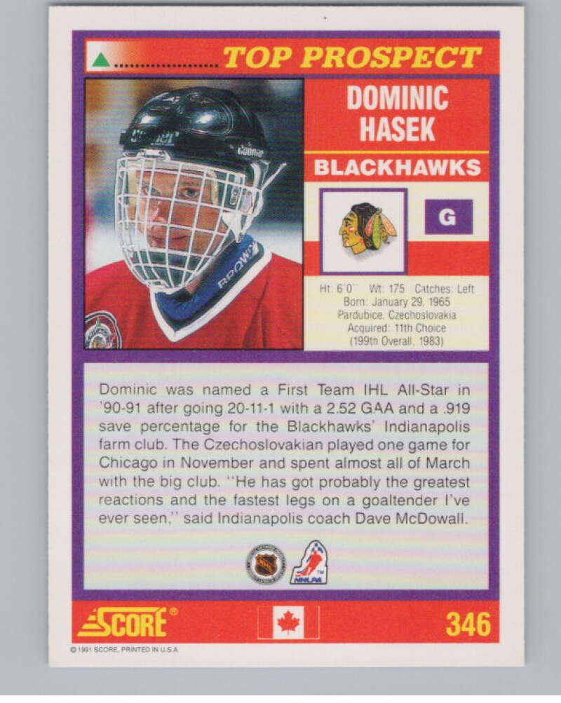 1991-92 Score Canadian English #346 Dominik Hasek RC Rookie  V102771 Image 2