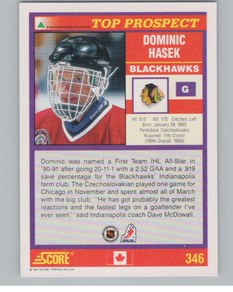 1991-92 Score Canadian English #346 Dominik Hasek RC Rookie  V102772 Image 2