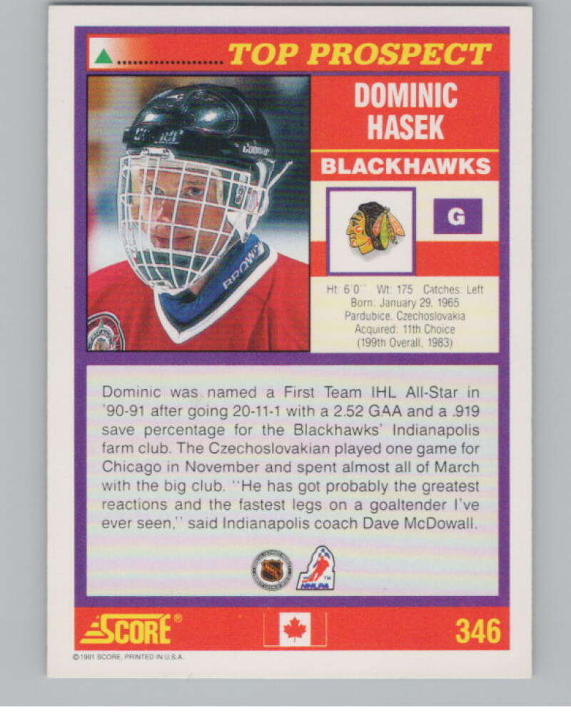 1991-92 Score Canadian English #346 Dominik Hasek RC Rookie  V102773 Image 2