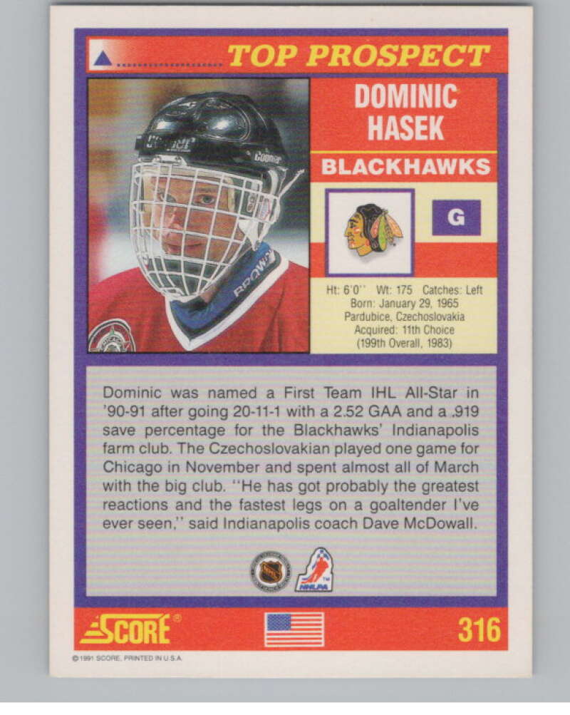 1991-92 Score American #316 Dominik Hasek RC Rookie Chicago  V102774 Image 2