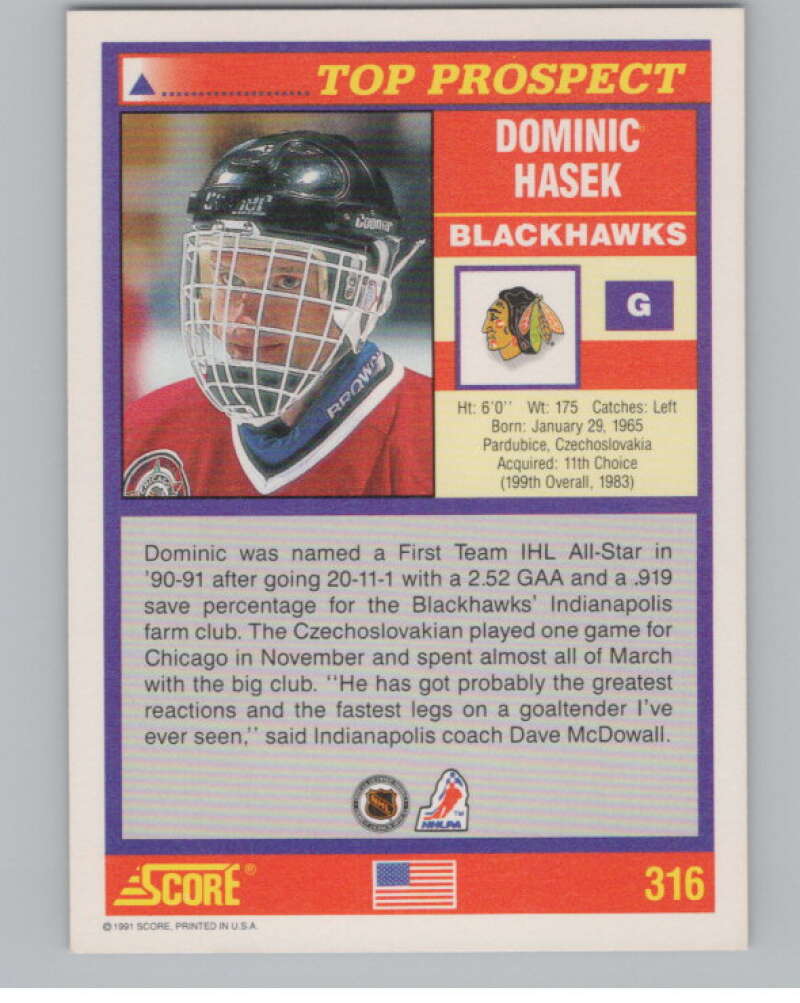 1991-92 Score American #316 Dominik Hasek RC Rookie Chicago  V102775 Image 2