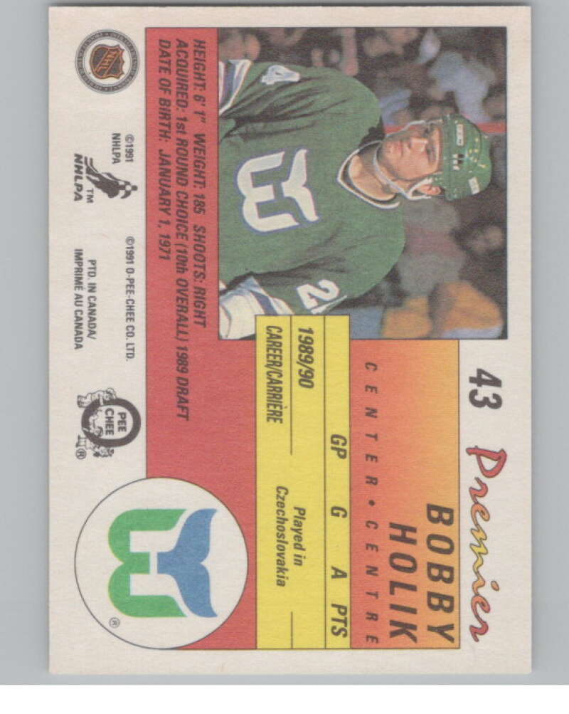 1990-91 OPC Premier #43 Bobby Holik  RC Rookie Hartford Whalers  V102777 Image 2